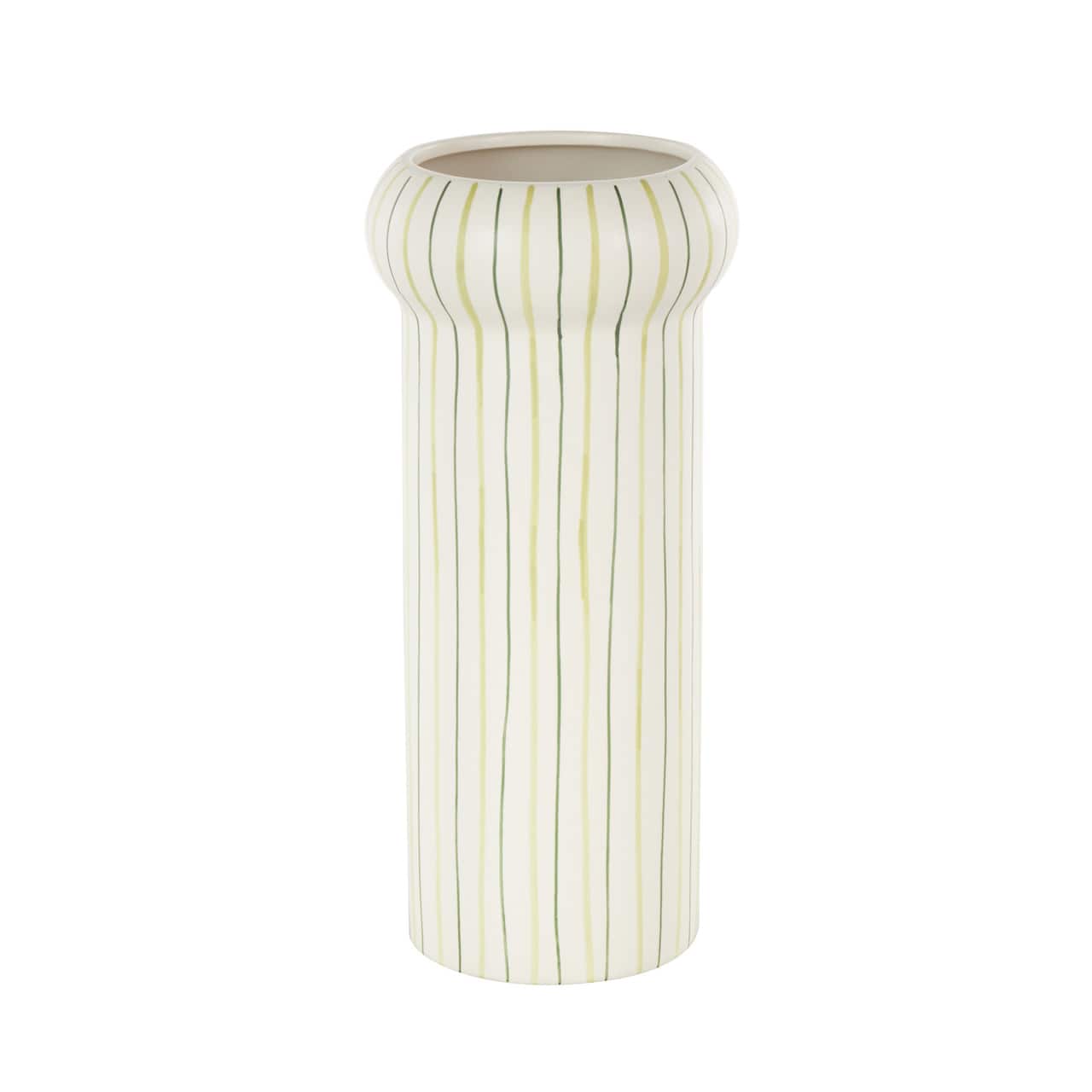 12" White & Green Linear Patterns Round Decorative Ceramic Vase